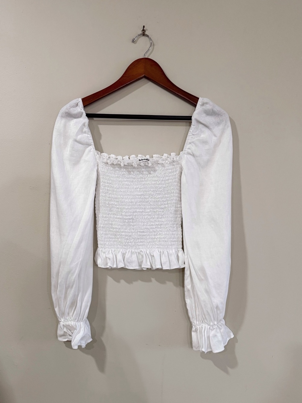 Reformation Women's XS White Linen Smocked Puff Sleeve Crop Top NWOT Coquette